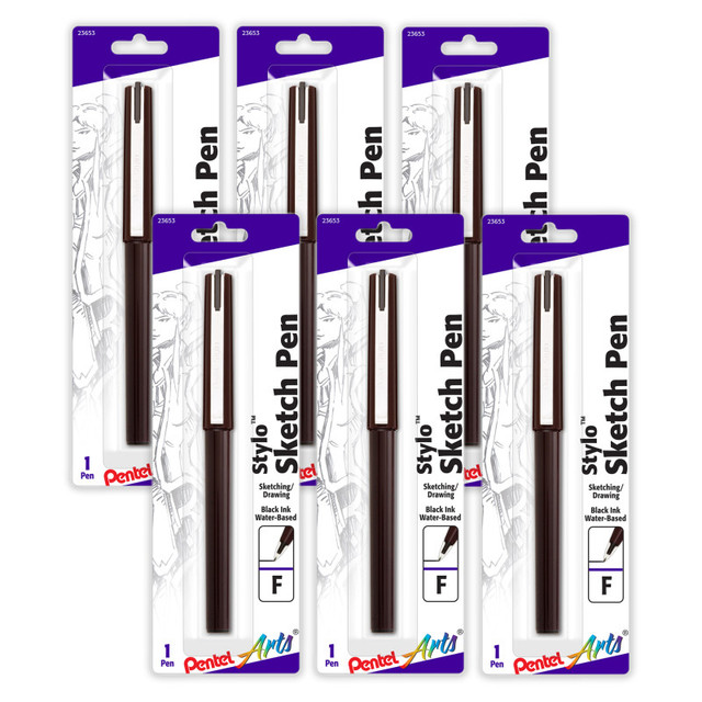 PENTEL OF AMERICA Pentel Arts Stylo Sketch Pen, Fine Tip, Black Ink, Pack of 6