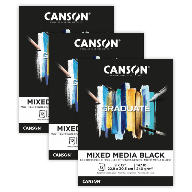 DIXON FINE ART Canson Graduate Mixed Media Pad, Black, Foldover Binding, 12 Sheet, 9x12 inch, Pack of 3