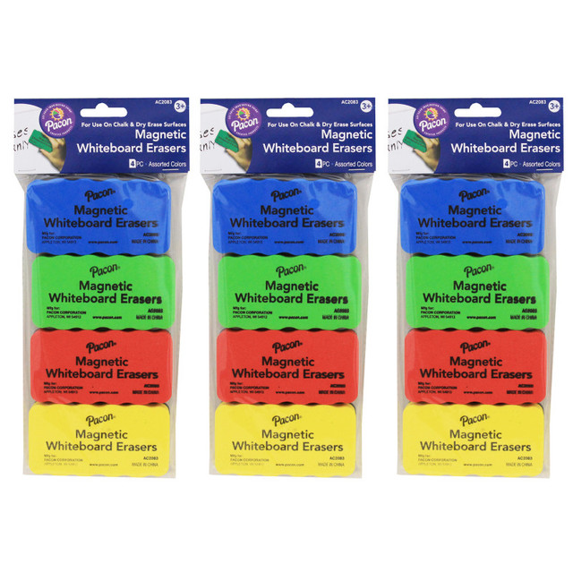 DIXON TICONDEROGA CO Pacon® Magnetic Chalk & Whiteboard Eraser, 4 Assorted Colors, 2.25" x 4.25", 4 Erasers Per Pack, 3 Packs