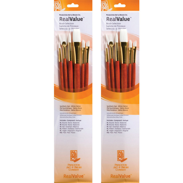 DIXON FINE ART Princeton RealValue Brush Set, White Taklon Bristles, Long Handle Mixed Media Paintbrush, Orange, 6 Per Set, 2 Sets