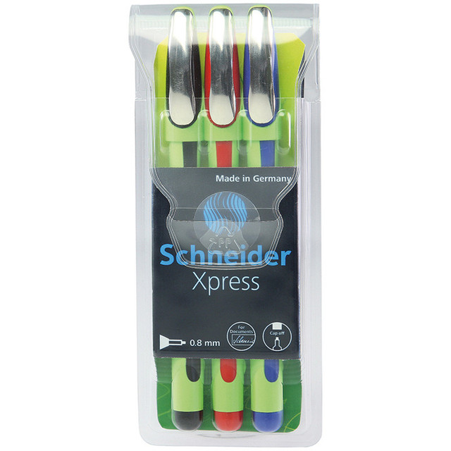 REDIFORM INC Schneider® Xpress Premium Fineliner Pen, Fiber Tip, 0.8 mm, 3 Assorted Ink Colors (Black, Red, Blue)