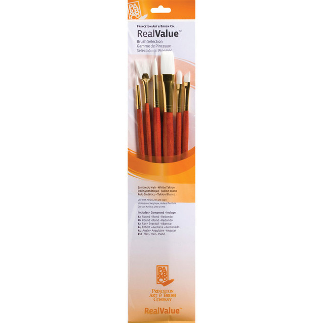 DIXON FINE ART Princeton RealValue Brush Set, White Taklon Bristles, Long Handle Mixed Media Paintbrush, Orange, 6 Pieces