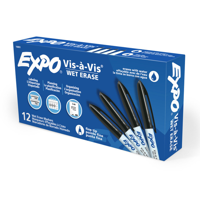NEWELL BRANDS DISTRIBUTION LLC EXPO® Vis-a-Vis® Wet-Erase Overhead Transparency Markers, Fine Tip, Black, Box of 12