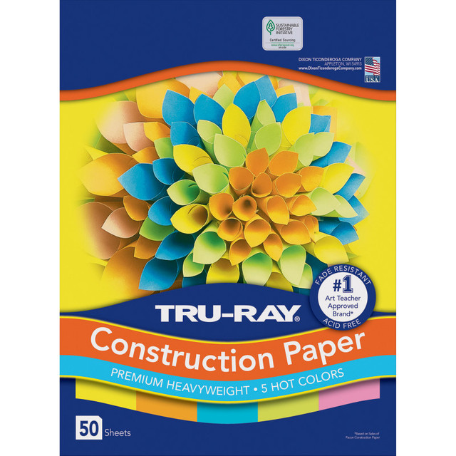 DIXON TICONDEROGA CO Tru-Ray® Construction Paper, Heavyweight, 5 Assorted Hot Colors, 12" x 18", 50 Sheets