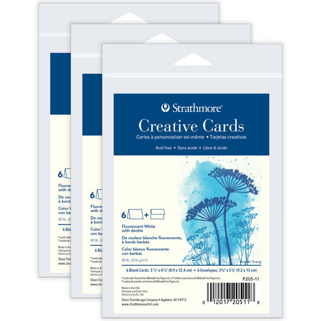 DIXON FINE ART Strathmore Creative Cards & Envelopes, Flourescent White with Deckle Edge, Anniversary Size, 3.5x4.875 inch, 6 Per Pack, 3 Packs