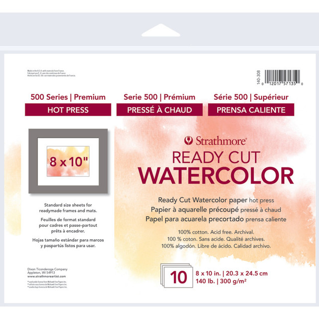 DIXON FINE ART Strathmore 500 Series Ready Cut Watercolor Paper Pack, Hot Press, 8x10 inch, 10 Sheets