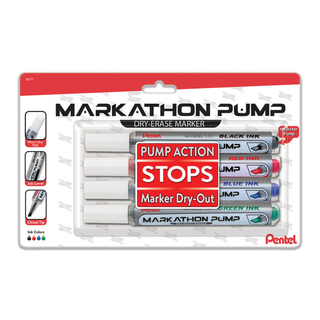 PENTEL OF AMERICA Pentel® Markathon Pump Dry Erase Marker, Chisel Tip, Assorted Colors, 4-Pack