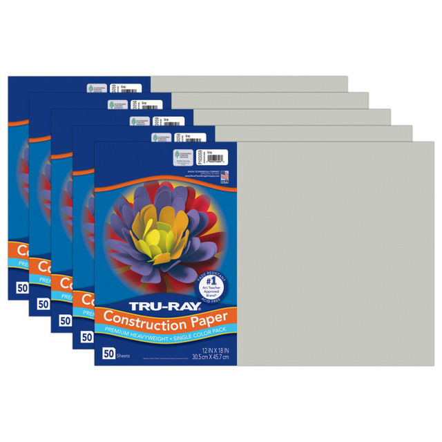 DIXON TICONDEROGA CO Tru-Ray® Construction Paper, Heavyweight, Gray, 12" x 18", 50 Sheets Per Pack, 5 Packs