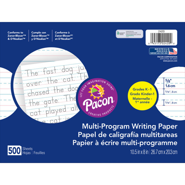 DIXON TICONDEROGA CO Pacon® Multi-Program Handwriting Paper, 5/8" Ruled (Long Way), White, 10-1/2" x 8", 500 Sheets