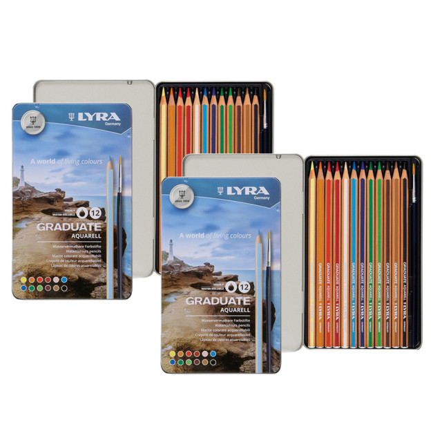 DIXON FINE ART Lyra® Graduate Watercolor Pencils Set Tin with Brush, Assorted Colors, 12 Per Set, 2 Sets