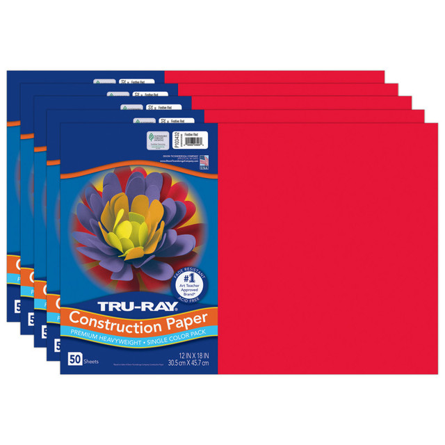 DIXON TICONDEROGA CO Tru-Ray® Construction Paper, Heavyweight, Festive Red, 12" x 18", 50 Sheets Per Pack, 5 Packs