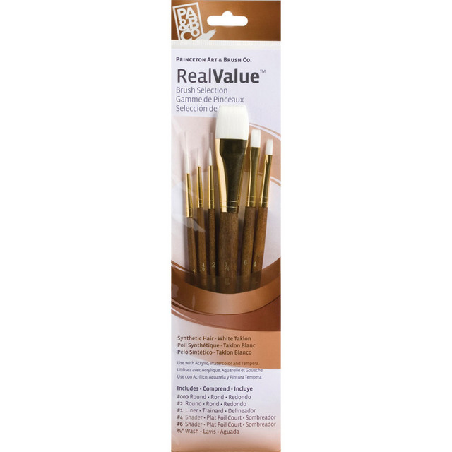 DIXON FINE ART Princeton RealValue Brush Set, White Taklon Bristles, Short Handle Mixed Media Paintbrush, Brown, 6 Pieces