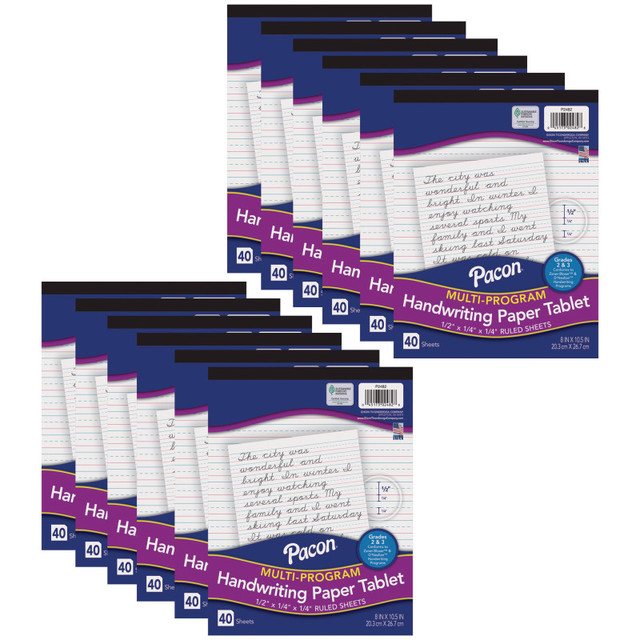 DIXON TICONDEROGA CO Pacon® Multi-Program Handwriting Tablet, D'Nealian/Zaner-Bloser, 1/2" x 1/4" x 1/4" Ruled Short, 8" x 10-1/2", 40 Sheets, Pack of 12