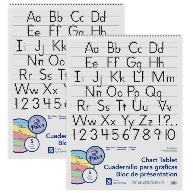 DIXON TICONDEROGA CO Pacon® Colored Paper Chart Tablet, Manuscript Cover, 5 Assorted Colors, 1-1/2" Ruled, 24" x 32", 25 Sheets, Pack of 2