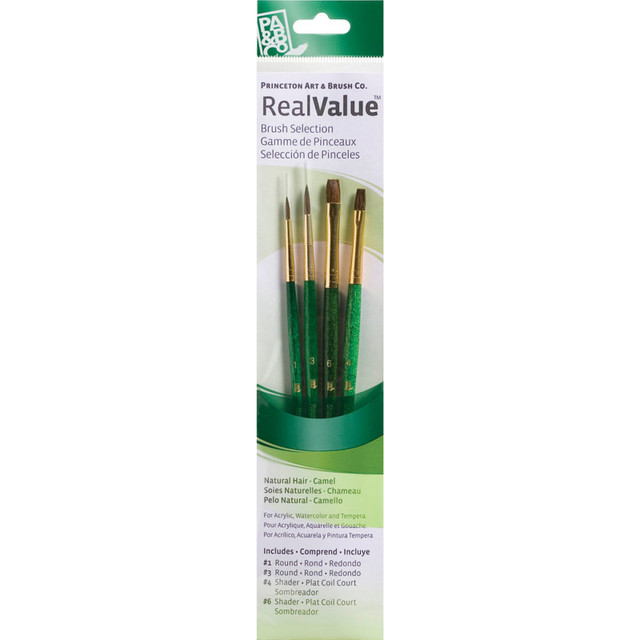 DIXON FINE ART Princeton RealValue Brush Set, Camel Bristles, Short Handle Mixed Media Paintbrush, Green, 4 Pieces