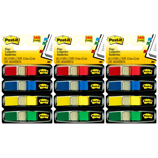 3M COMPANY Post-it® Flags, Assorted Primary Colors, .47 in. Wide, 35 Flags/Dispenser, 4 Dispensers/Pack, 3 Packs