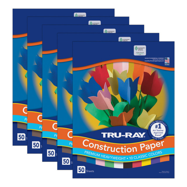 DIXON TICONDEROGA CO Tru-Ray® Construction Paper, Heavyweight, 10 Classic Colors Assorted, 12" x 18", 50 Sheets Per Pack, 5 Packs