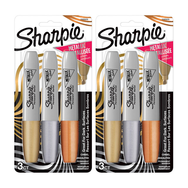 NEWELL BRANDS DISTRIBUTION LLC Sharpie® Metallic Permanent Markers, Chisel Tip, Assorted Colors, 3 Per Pack, 2 Packs NEWELL BRANDS DISTRIBUTION LLC Sharpie® Metallic Permanent Markers, Chisel Tip, Assorted Colors, 3 Per Pack, 2 Packs