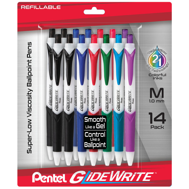 PENTEL OF AMERICA Pentel® GlideWrite Ballpoint Pen with TechniFlo Ink, (1.0mm) Medium Line, Assorted Ink, 14-Pack