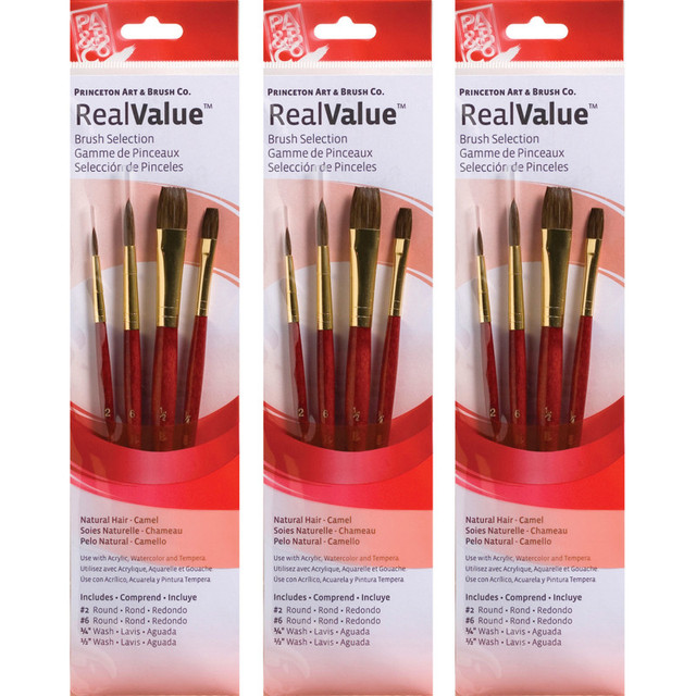 DIXON FINE ART Princeton RealValue Brush Set, Camel Bristles, Short Handle Mixed Media Paintbrush, Red, 4 Per Set, 3 Sets