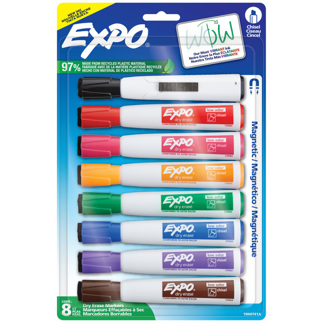 NEWELL BRANDS DISTRIBUTION LLC EXPO® Magnetic Dry Erase Markers with Eraser, Chisel Tip, Assorted Colors, 8-Count