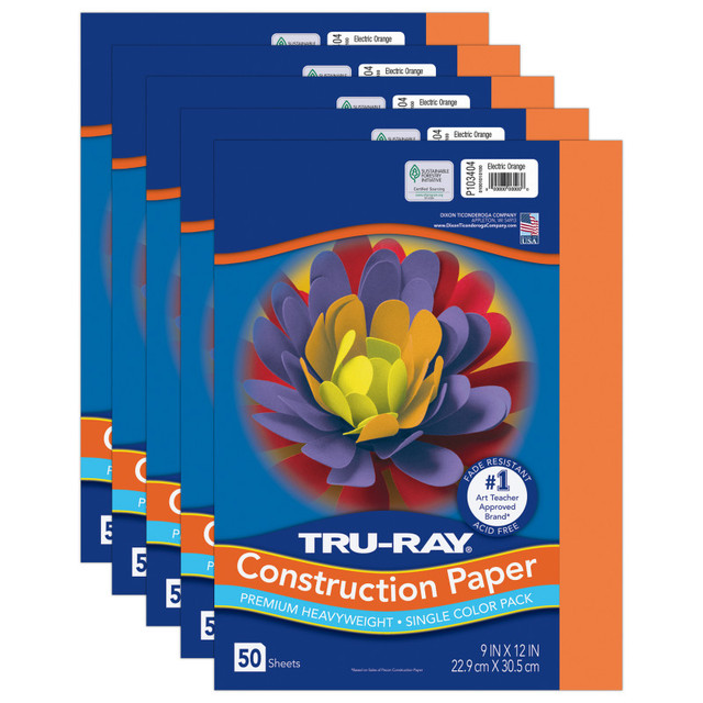 DIXON TICONDEROGA CO Tru-Ray® Construction Paper, Heavyweight, Electric Orange, 9" x 12", 50 Sheets Per Pack, 5 Packs