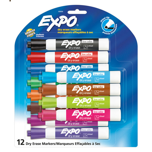 NEWELL BRANDS DISTRIBUTION LLC EXPO® Low Odor Dry Erase Markers, Chisel Tip, Assorted Colors, 12 Count NEWELL BRANDS DISTRIBUTION LLC EXPO® Low Odor Dry Erase Markers, Chisel Tip, Assorted Colors, 12 Count