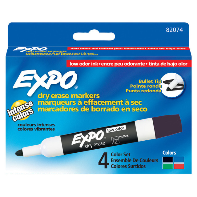 NEWELL BRANDS DISTRIBUTION LLC EXPO® Low-Odor Dry Erase Markers, Bullet Tip, Assorted Colors, Pack of 4