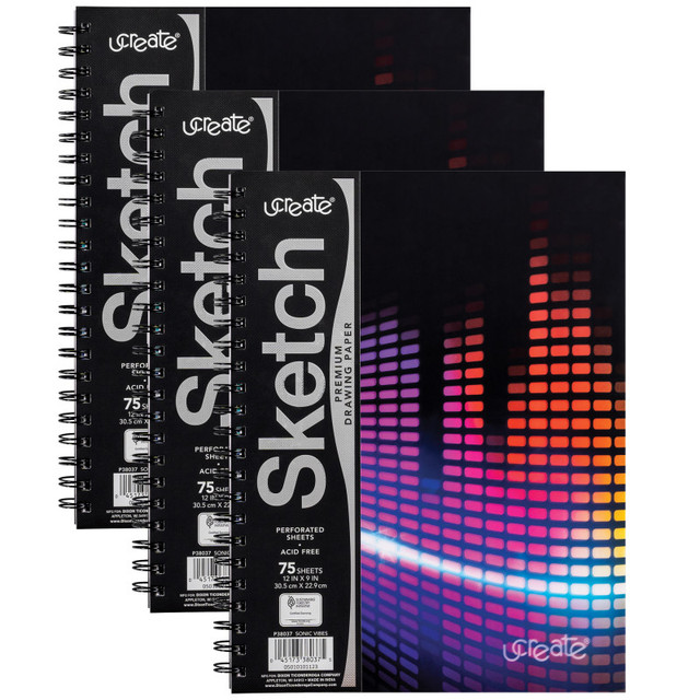 DIXON TICONDEROGA CO UCreate® Fashion Poly Sketch Book, Sonic Vibes, Unruled, 12" x 9", Pack of 3