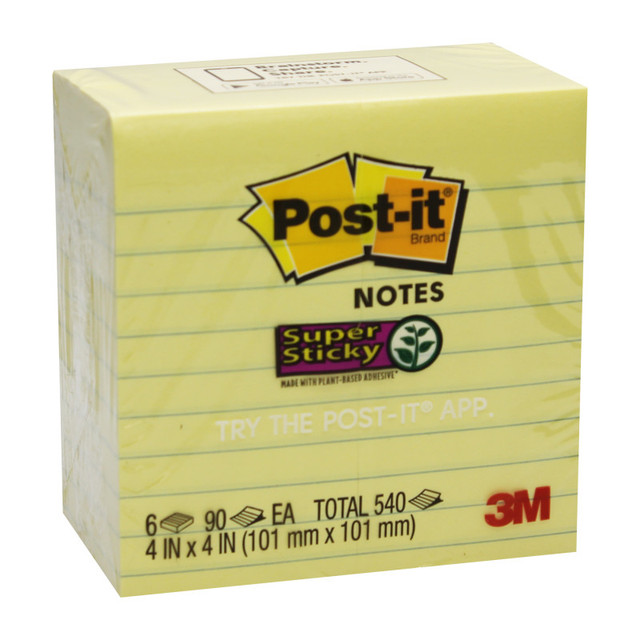 3M COMPANY Post-it® Super Sticky Notes, 4" x 4", Canary Yellow, Lined, 90 Sheets Per Pad, 6 Pads