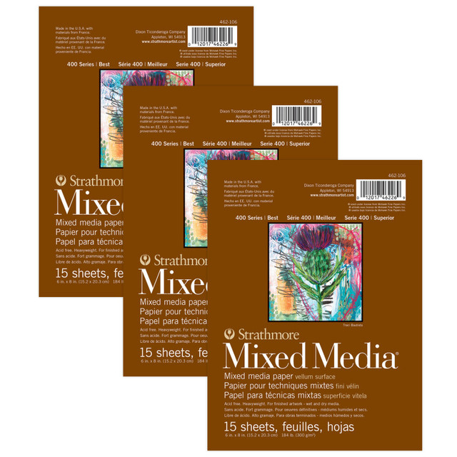 DIXON FINE ART Strathmore 400 Series Mixed Media Pad, Glue Binding, 15 Sheet, 6x8 inch, Pack of 3