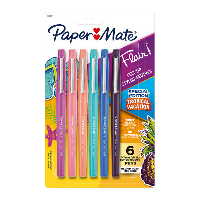 NEWELL BRANDS DISTRIBUTION LLC Paper Mate® Flair Felt Tip Pens, Medium Point (0.7mm), Tropical Colors, 6 Count