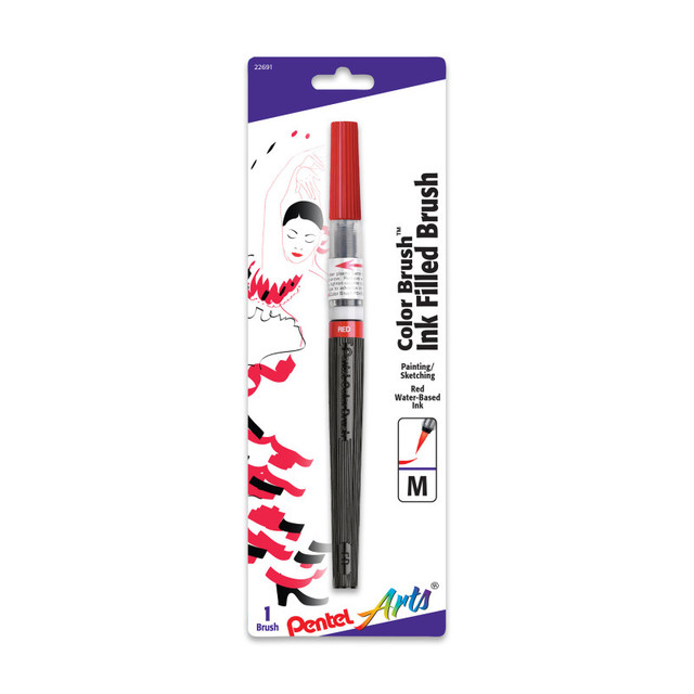 PENTEL OF AMERICA Pentel Arts Color Brush with Water-Based Ink, Medium Tip, Red, 1-Pack