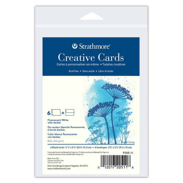 DIXON FINE ART Strathmore Creative Cards & Envelopes, Flourescent White with Deckle Edge, Anniversary Size, 3.5x4.875 inch, 6 Pack