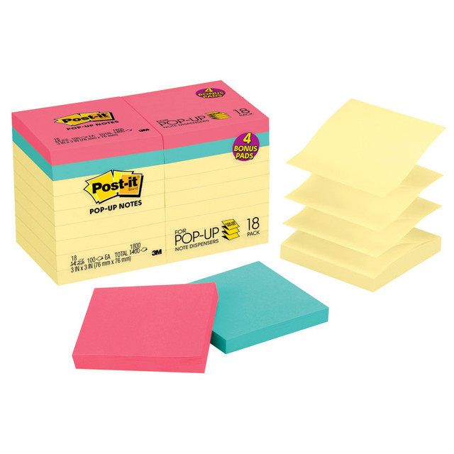 3M COMPANY Post-it® Dispenser Pop-up Notes Value Pack, 3 in x 3 in, Canary Yellow, 14 Pads plus 4 Pads in Assorted Color