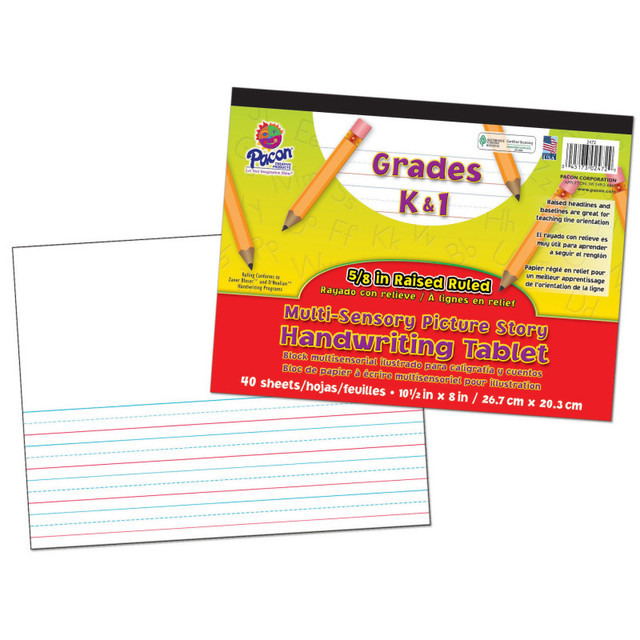 DIXON TICONDEROGA CO Pacon® Multi-Sensory Raised Ruled Tablet, Tape Bound, 5/8" x 5/16" x 5/16" Picture Story Ruled Long, 10-1/2" x 8", 40 Sheets