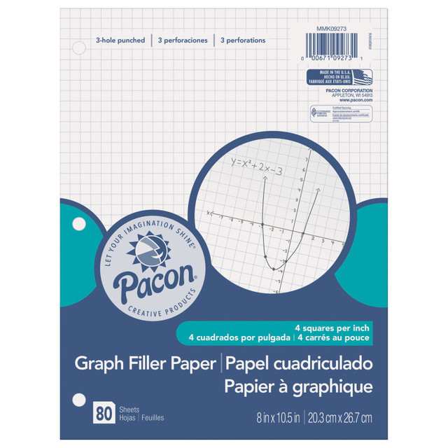 DIXON TICONDEROGA CO Pacon® Graphing Paper, White, 3-Hole Punched, 1/4" Quadrille Ruled, 8" x 10-1/2", 80 Sheets