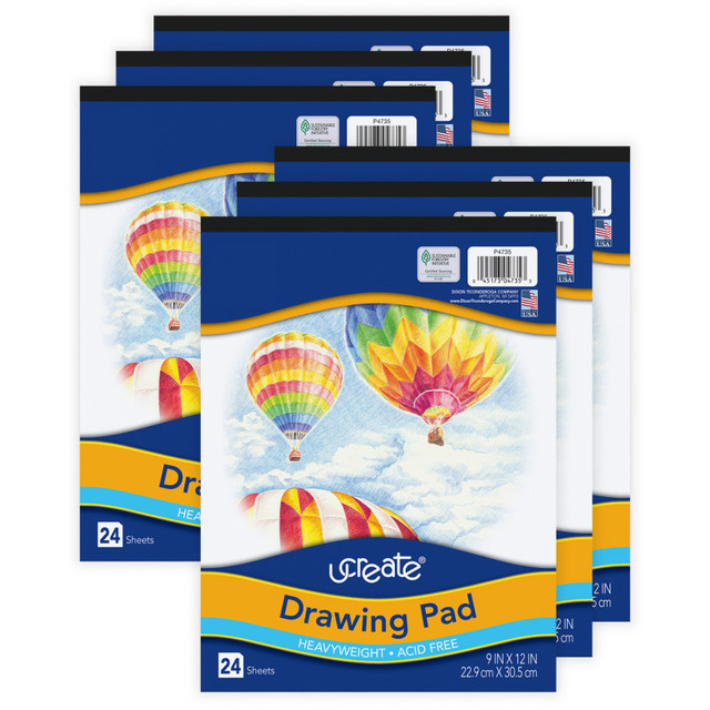 DIXON TICONDEROGA CO UCreate® Drawing Paper Pad, Heavyweight, 9" x 12", 24 Sheets Per Pad, Pack of 6