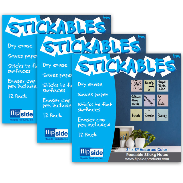FLIPSIDE Flipside Products Dry Erase Stickables with Dry Erase Marker, Pastel Assorted, 3" x 3", 12 Per Pack, 3 Packs