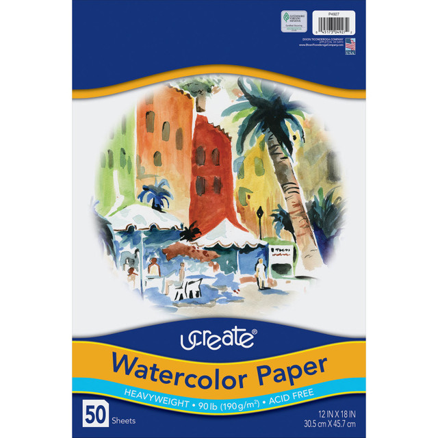 DIXON TICONDEROGA CO UCreate® Watercolor Paper, White, 90lb., 12" x 18", 50 Sheets