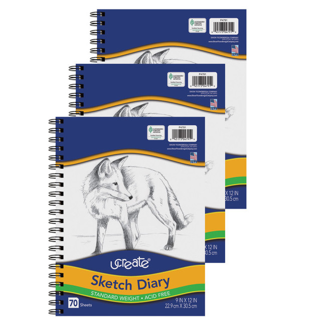 DIXON TICONDEROGA CO UCreate® Sketch Diary, Standard Weight, 12" x 9", 70 Sheets, Pack of 3