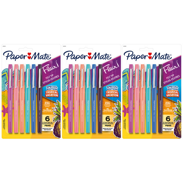 NEWELL BRANDS DISTRIBUTION LLC Paper Mate® Flair Felt Tip Pens, Medium Point (0.7mm), Tropical Colors, 6 Per Pack, 3 Packs