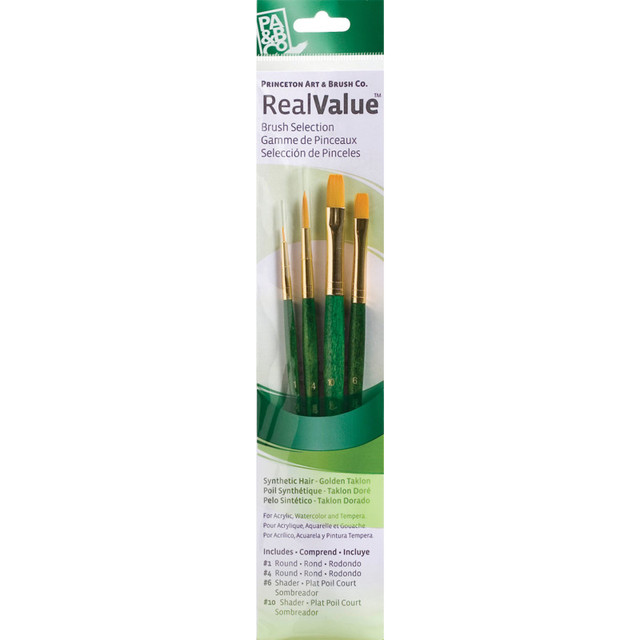 DIXON FINE ART Princeton RealValue Brush Set, Gold Taklon Bristles, Short Handle Mixed Media Paintbrush, Green, 4 Pieces