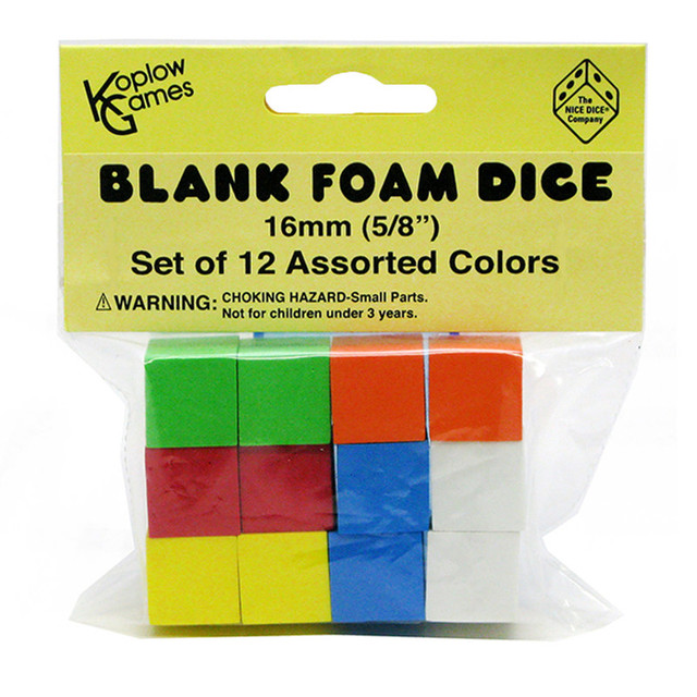 KOPLOW GAMES INC. Koplow Games Assorted Color Blank 16mm Foam Dice, Pack of 12
