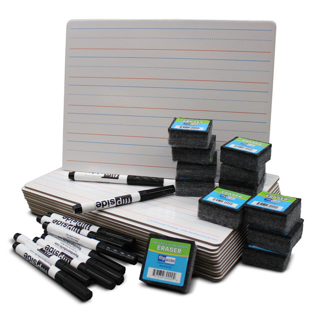FLIPSIDE Flipside Products Double-Sided Magnetic Red & Blue Ruled Dry Erase Board 9" x 12" + Erasers + Black Markers, Class Pack of 12