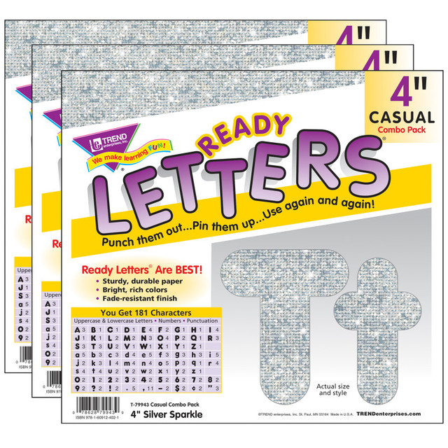 TREND ENTERPRISES INC. TREND Silver Sparkle 4" Casual Combo Ready Letters®, 3 Packs