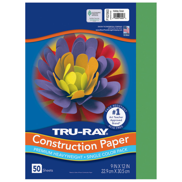 DIXON TICONDEROGA CO Tru-Ray® Construction Paper, Heavyweight, Holiday Green, 9" x 12", 50 Sheets