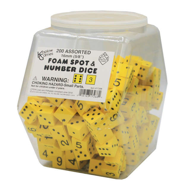 KOPLOW GAMES INC. Koplow Games Foam Spot & Number Dice, Yellow, 16mm, Tub of 200