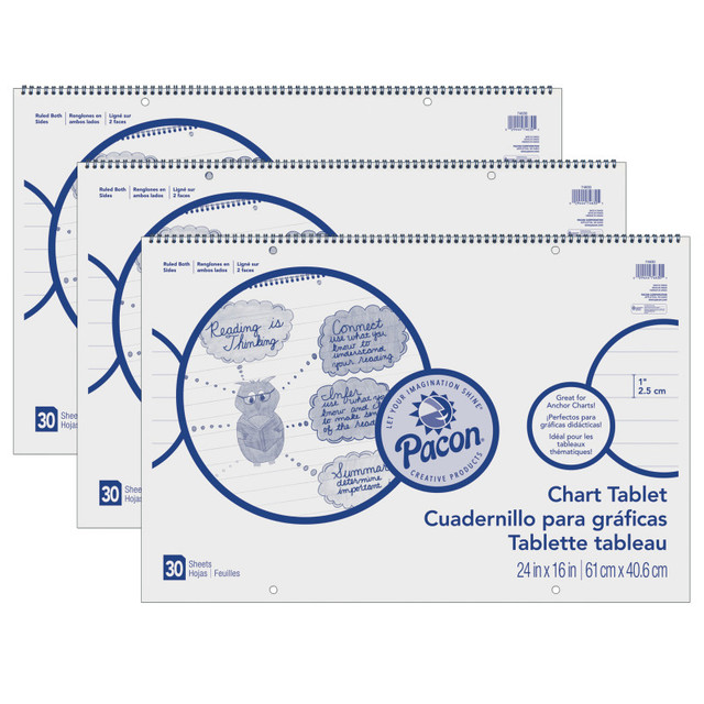DIXON TICONDEROGA CO Pacon® Chart Tablet, Cursive Cover, 1" Ruled, 24" x 16", 30 Sheets Per Tablet, 3 Tablets