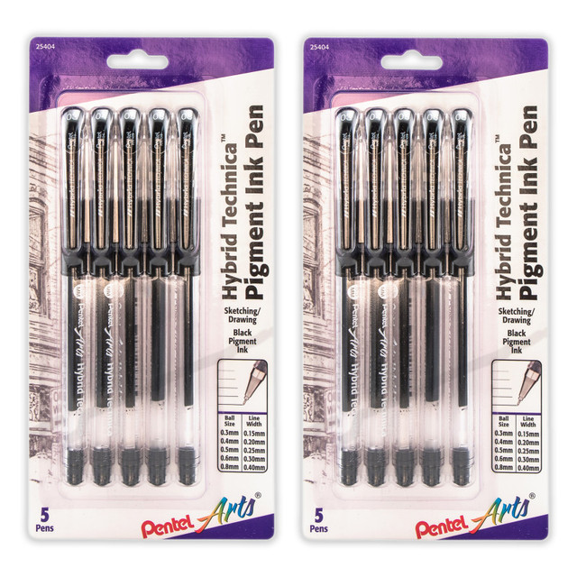 PENTEL OF AMERICA Pentel Arts Hybrid Technica Gel Pen, Assorted Tip Sizes (0.05, 0.1, 0.3, 0.5, 0.8), Black Ink, 5 Per Pack, 2 Packs
